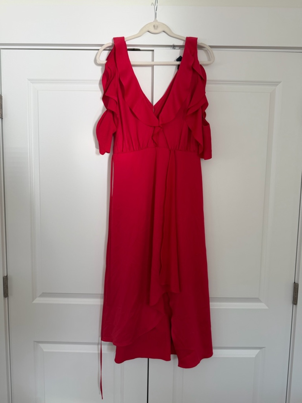 French Connection Red Ruffle V-Neck Midi Dress